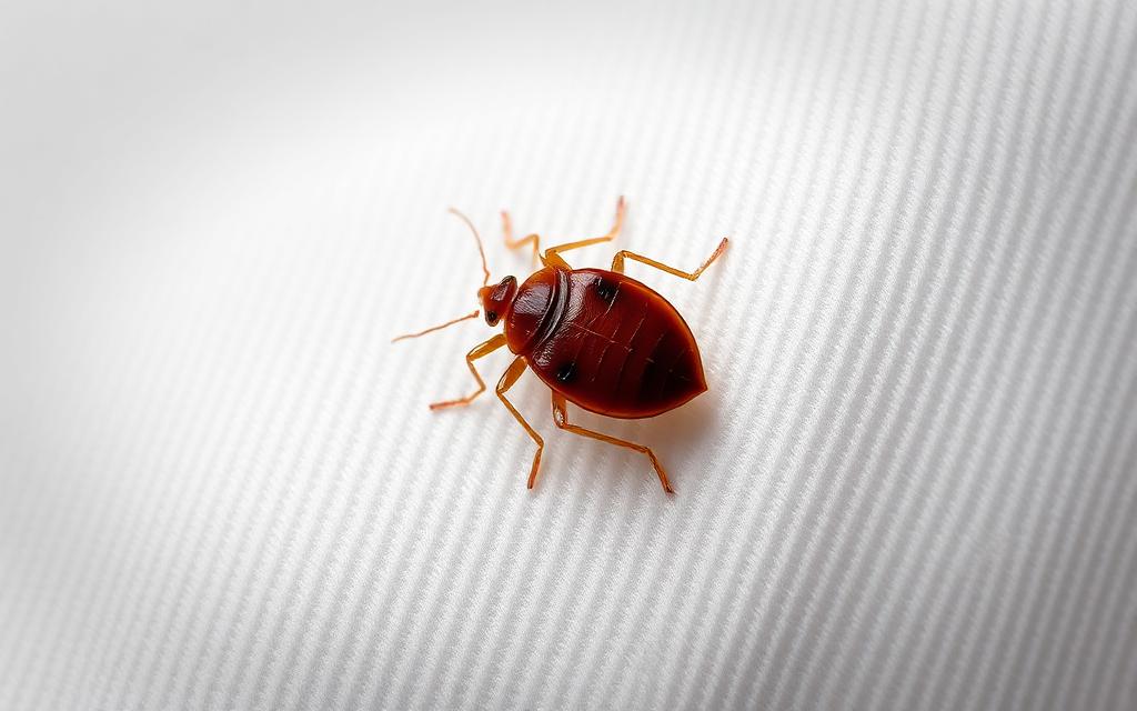 Adult bed bug on white mattress fabric showing reddish-brown flat oval body