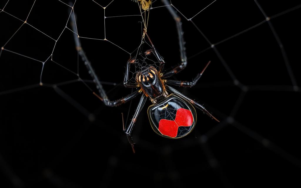 Female black widow spider in a web showing the red hourglass marking