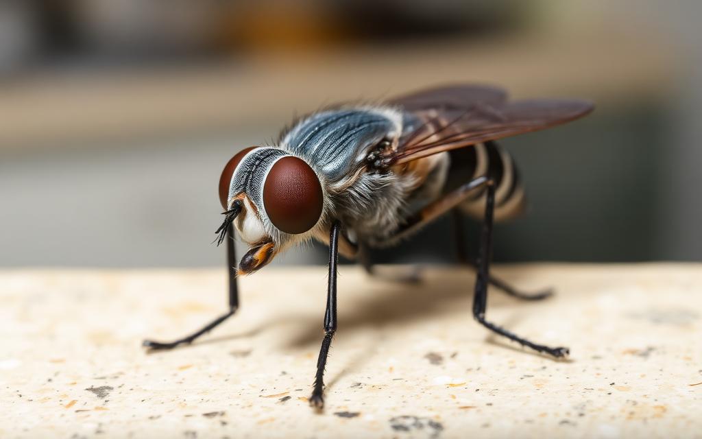 Common house fly close up on a kitchen counter