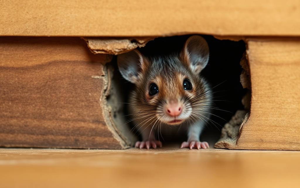 House mouse peeking through a chewed gap in baseboard trim