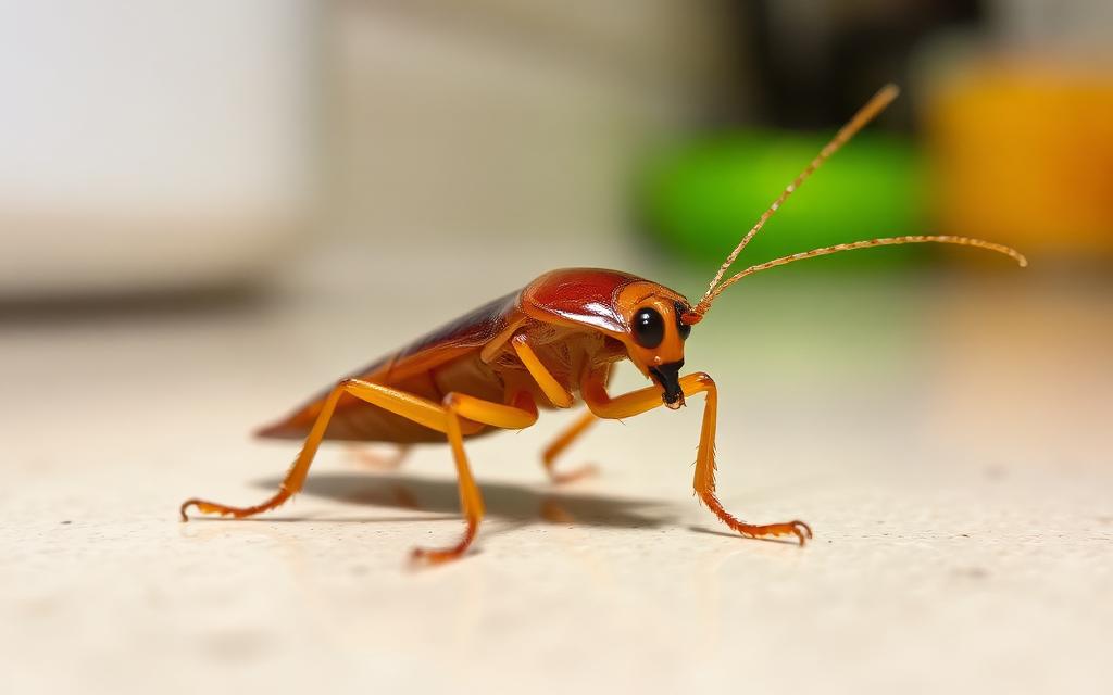 German cockroach on a kitchen surface with two dark stripes behind the head