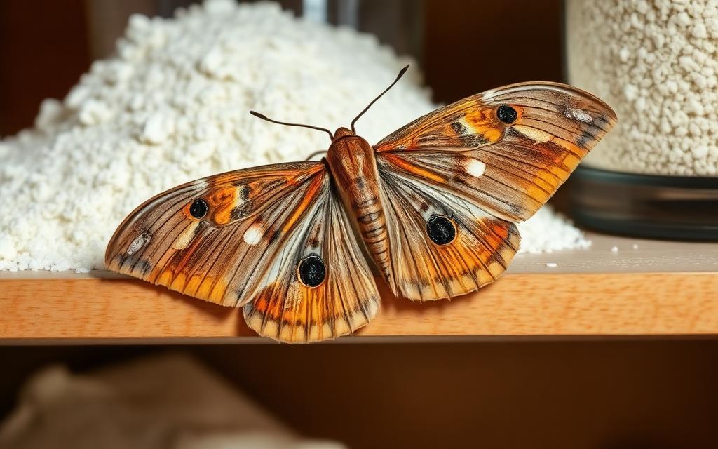 Indian meal moth resting on a pantry shelf next to flour