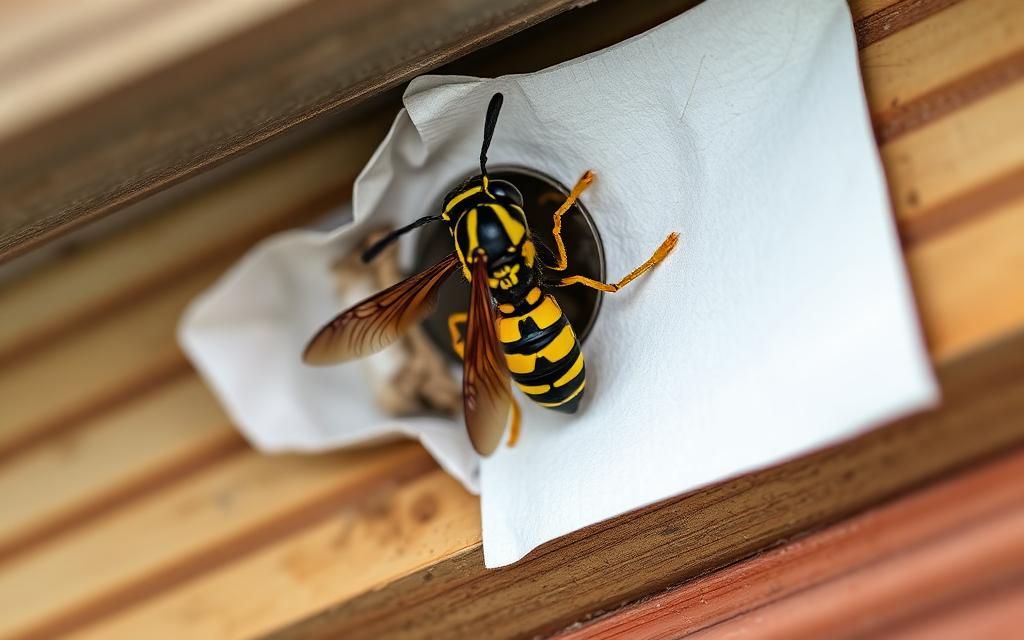 Yellowjacket wasp on a paper nest tucked under a wooden eave