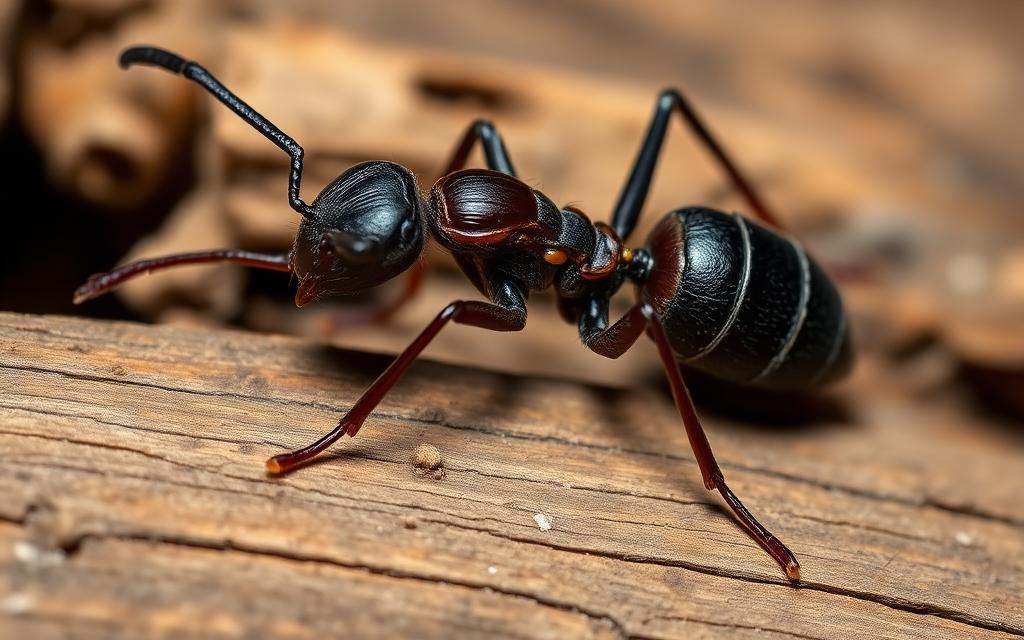 Carpenter ant close up on weathered wood