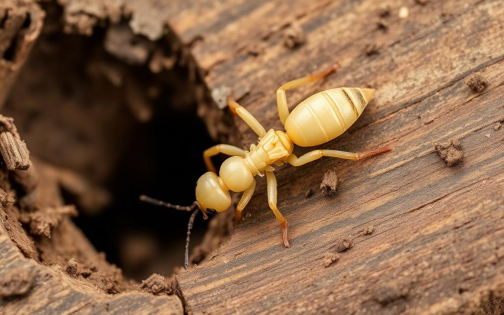 Subterranean termite worker on damaged wood beside a mud tube